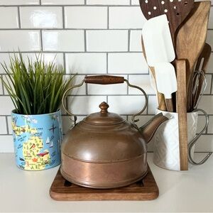 Vintage Tin Lined Copper Tea Kettle Brass Handle Wood Grip & Knob | Revere Ware